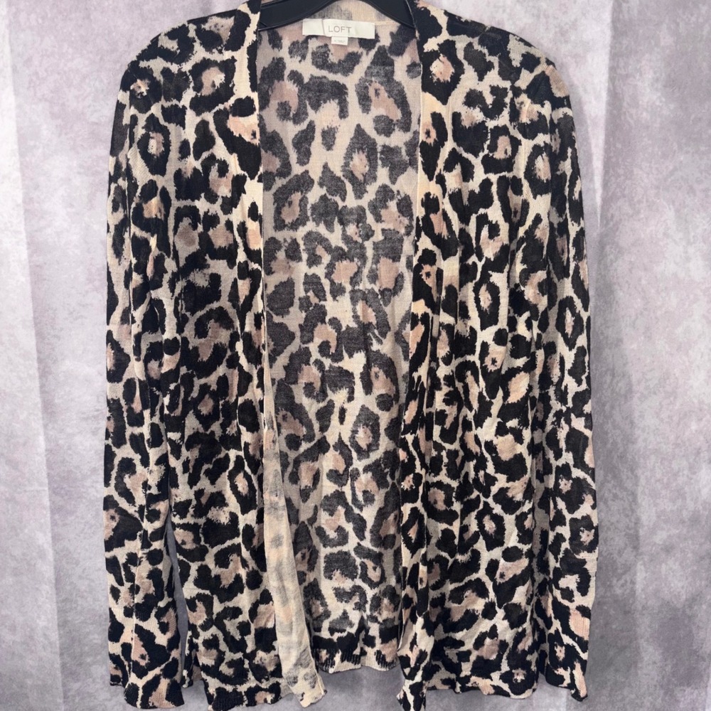 Vintage LOFT‎ Cardigan Women Small Beige Leopard Open Front Lightweight Knit
